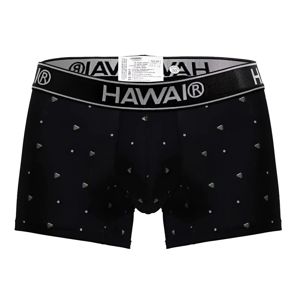 Black hawai boxer briefs microfiber trunks in black with silver logo band and metallic triangle and dot patterns