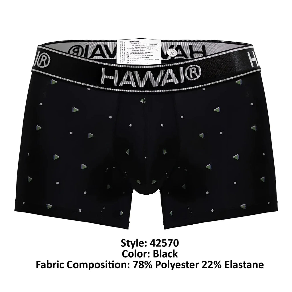 Black hawai boxer briefs in microfiber with silver triangle and dot pattern and elastic waistband printed with brand name