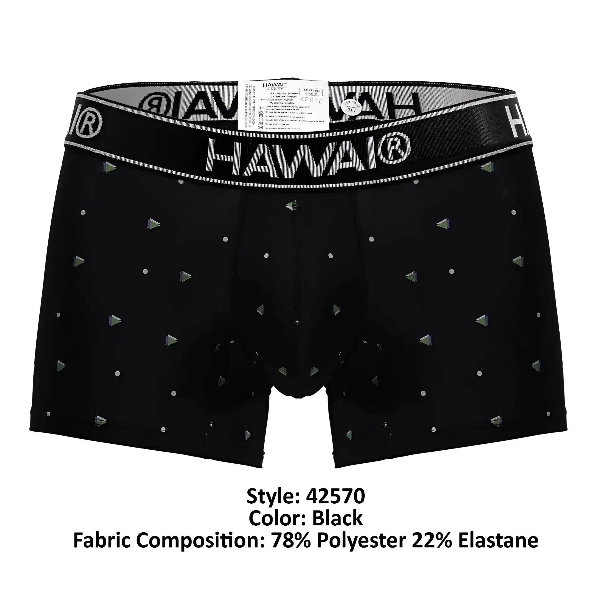 Black hawai boxer briefs in microfiber with silver triangle and dot pattern and elastic waistband printed with brand name