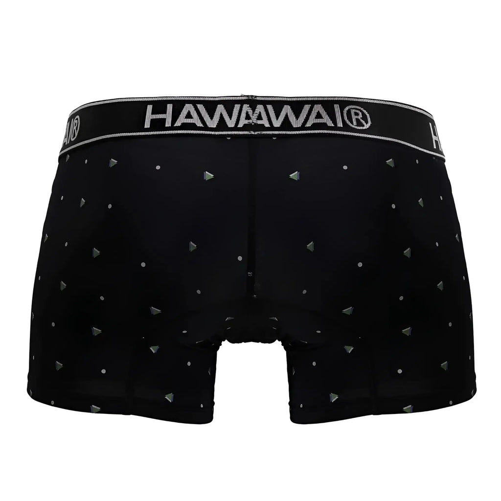 Black hawaii boxer briefs in black microfiber with silver triangular and dot pattern for comfortable support