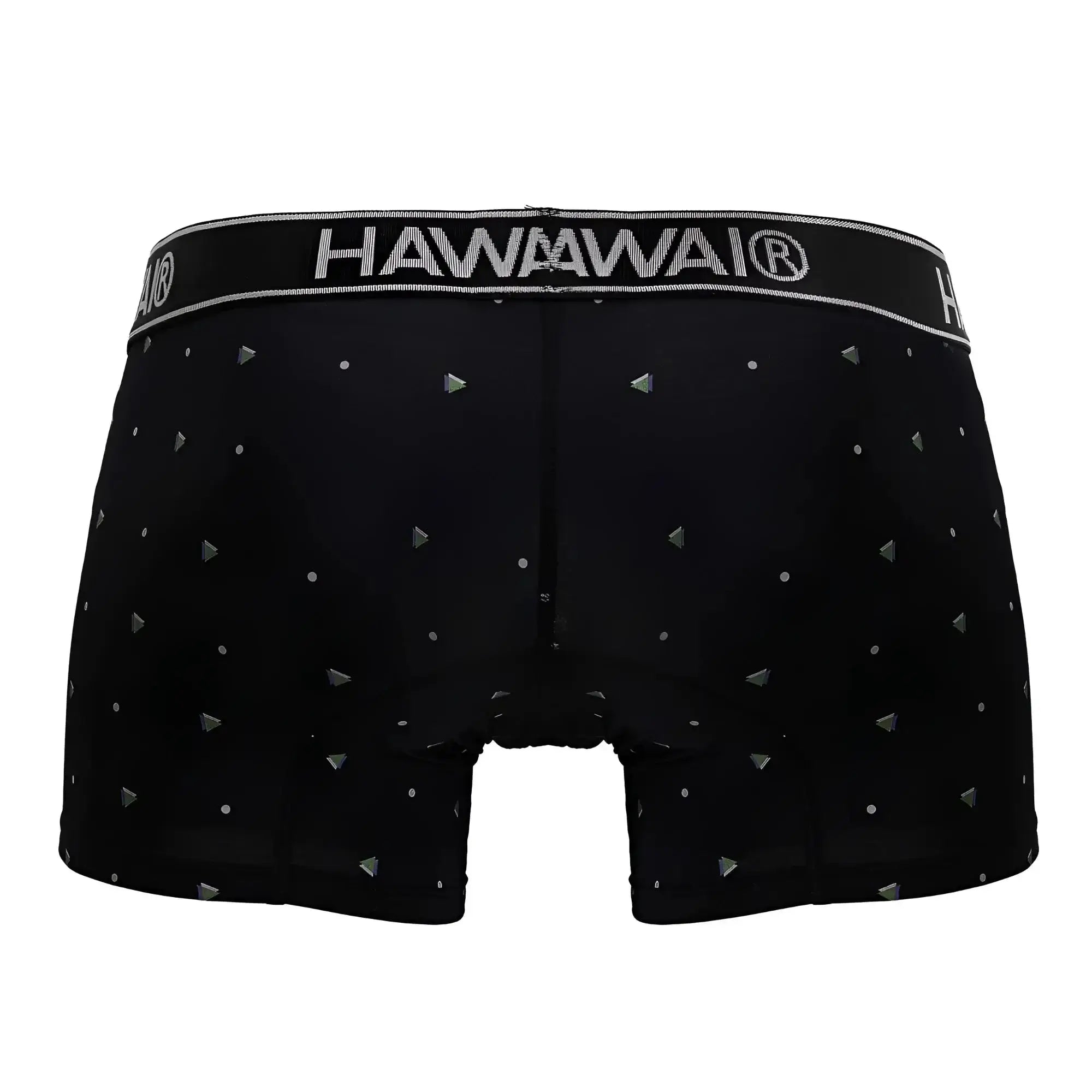 Black hawaii boxer briefs in black microfiber with silver triangular and dot pattern for comfortable support