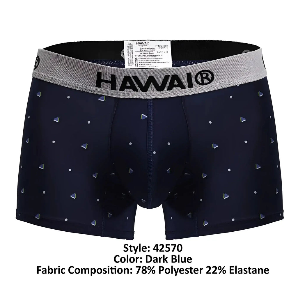 Dark blue hawaii microfiber trunks with gray waistband featuring brand logo and scattered small triangular patterns