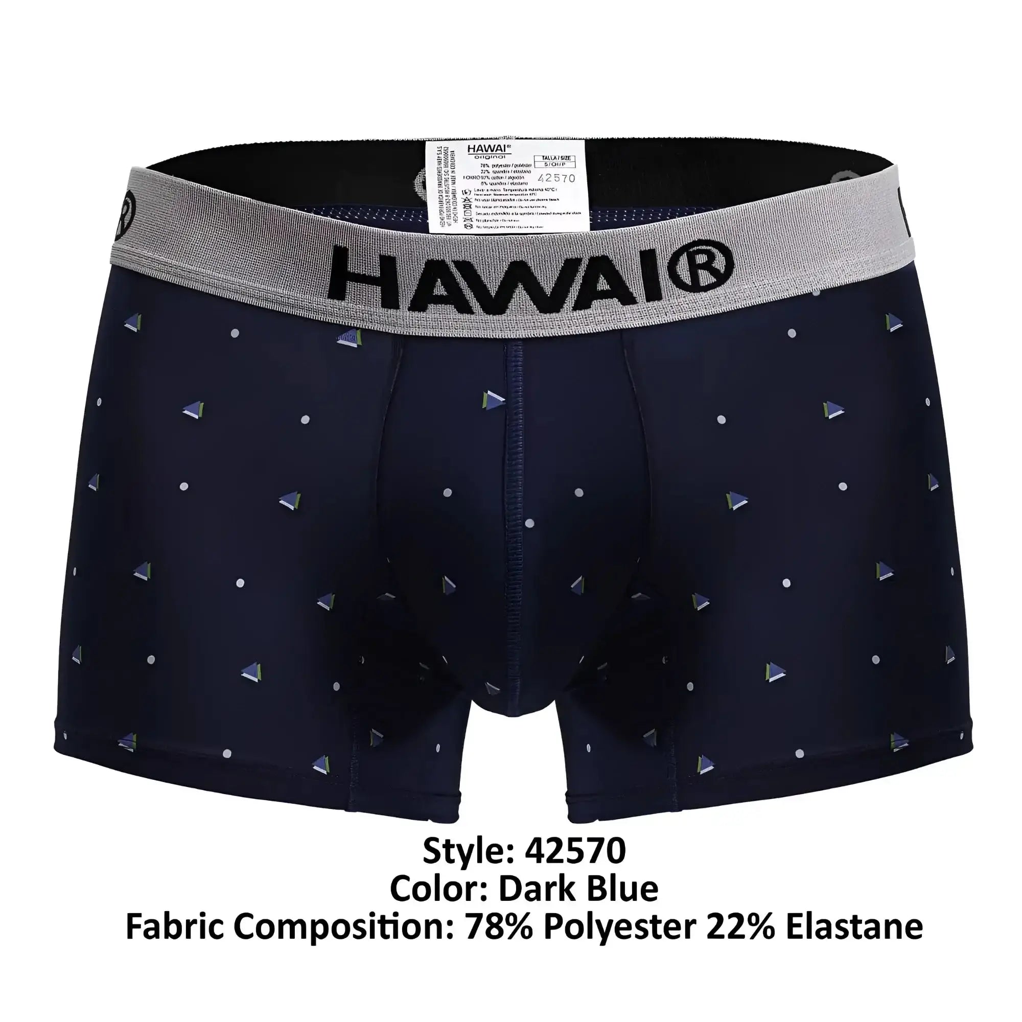 Dark blue hawaii microfiber trunks with gray waistband featuring brand logo and scattered small triangular patterns