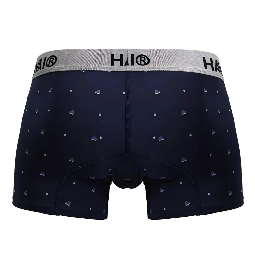 Dark navy microfiber boxer briefs with silver triangle pattern and gray hai branded waistband from hawair 42570
