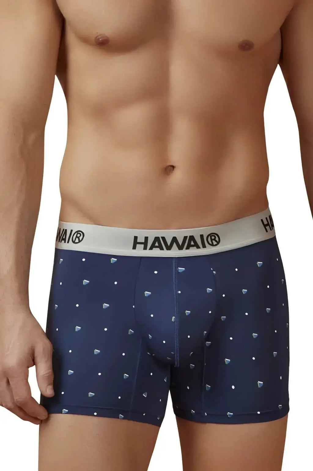 Navy blue microfiber boxer briefs with white hawai waistband and small diamond patterns for comfortable wear