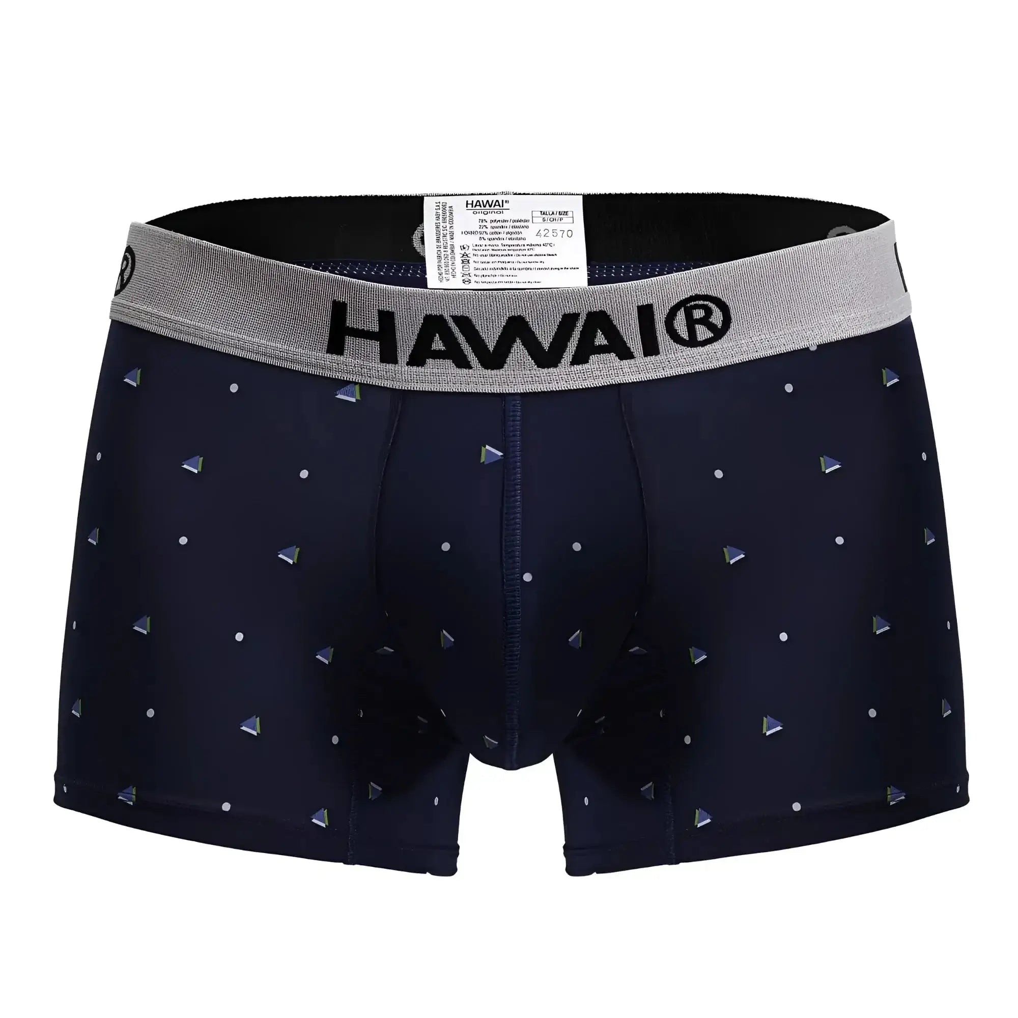 Navy blue hawaii brand microfiber trunks with gray waistband and silver triangular patterns model hawair 42570
