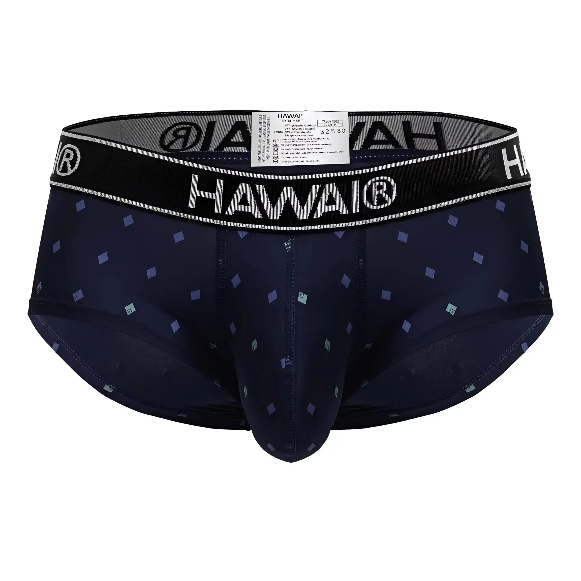 Dark navy blue hawair 42580 microfiber men’s briefs with subtle light purple and teal diamond pattern