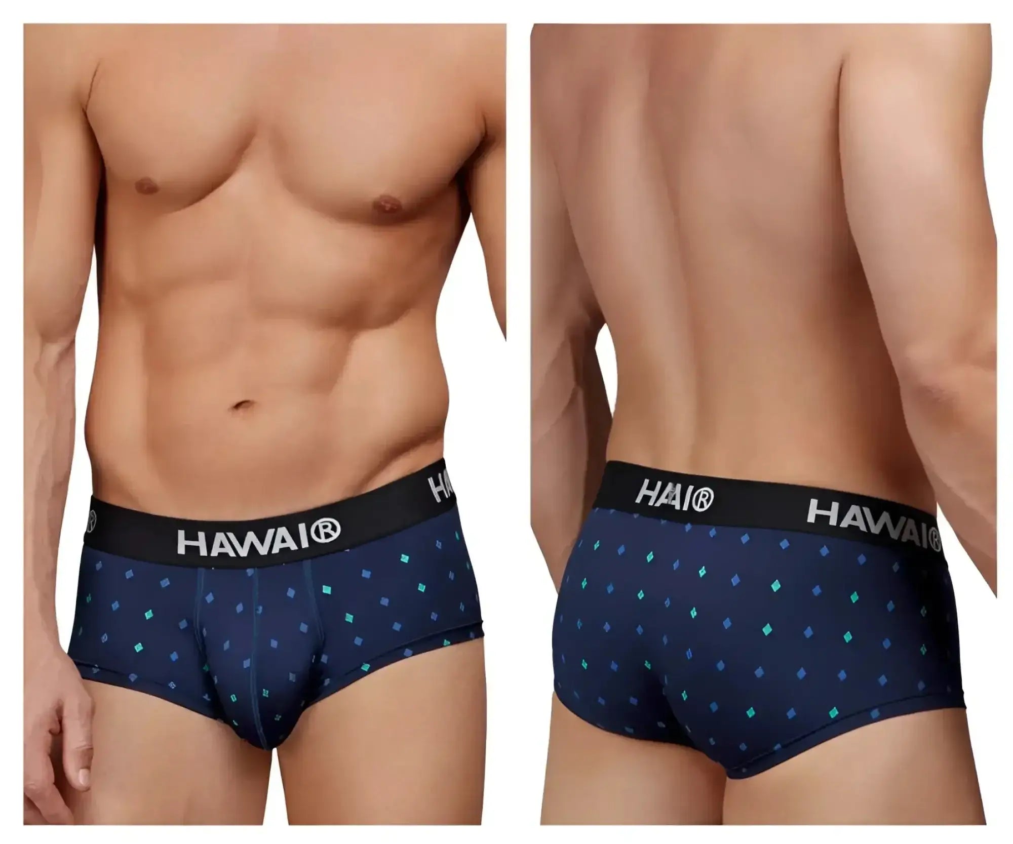 Navy blue hawai microfiber briefs with teal diamond pattern and black waistband featuring white hawai logo