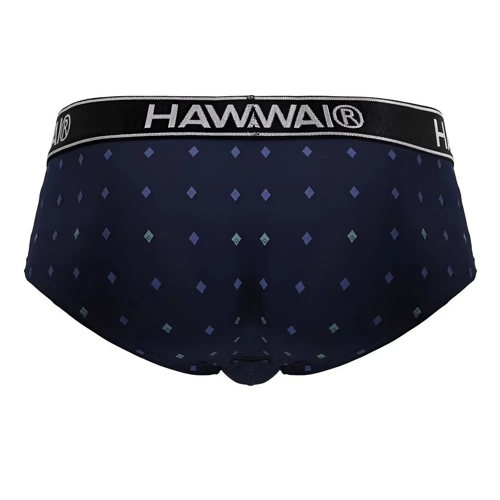 Dark navy blue hawaian microfiber briefs with purple teal diamond pattern and black waistband with white hawaii branding