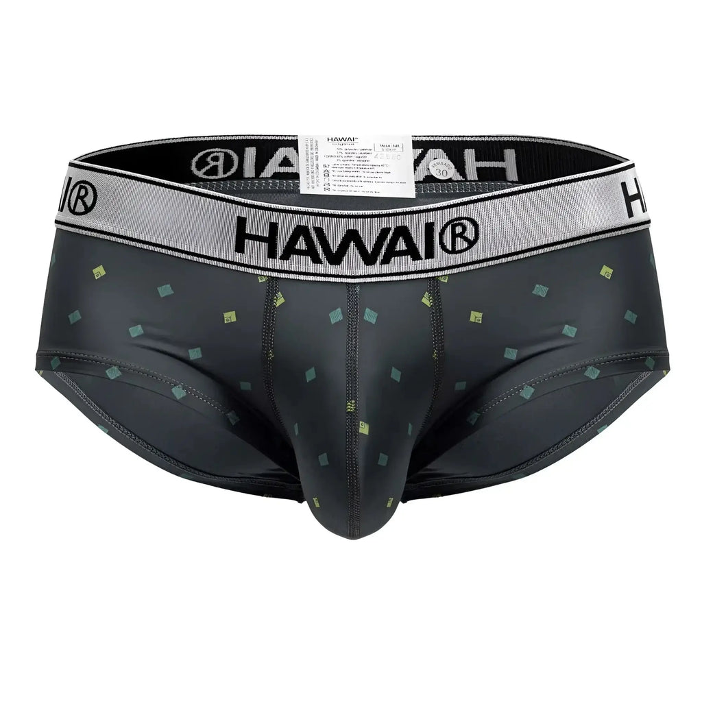 Black hawai men’s microfiber briefs gray with subtle green and yellow square pattern and gray waistband with black branding