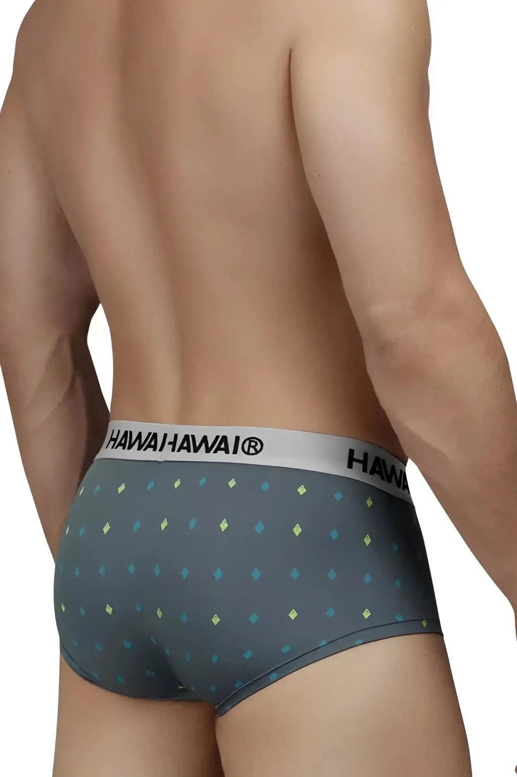 Gray hawaii brand microfiber briefs in gray with blue and yellow diamond pattern for comfortable everyday wear