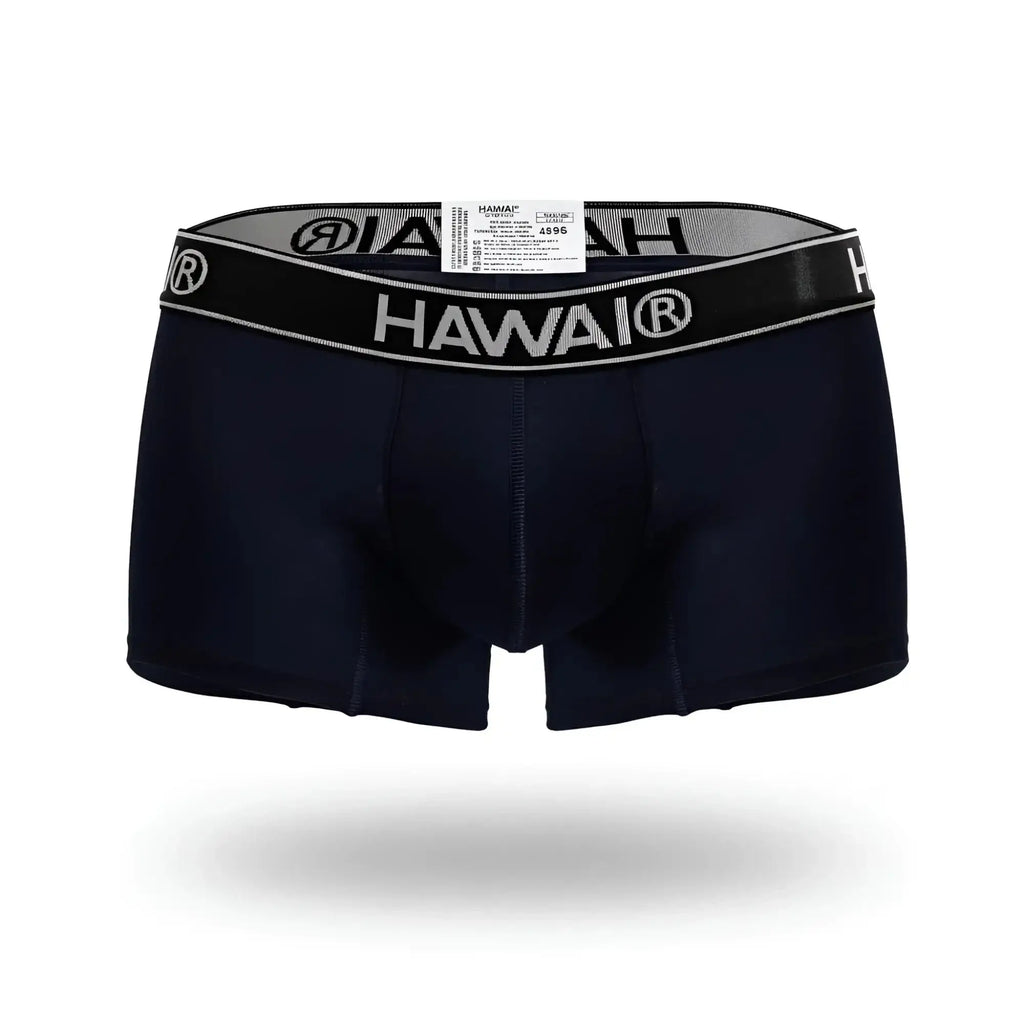 Navy blue Hawai brand briefs with black elastic waistband featuring white lettering and logo made from cotton blend