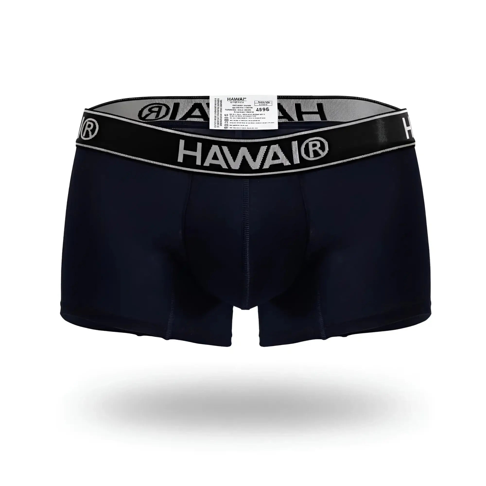 Navy blue Hawai brand briefs with black elastic waistband featuring white lettering and logo made from cotton blend