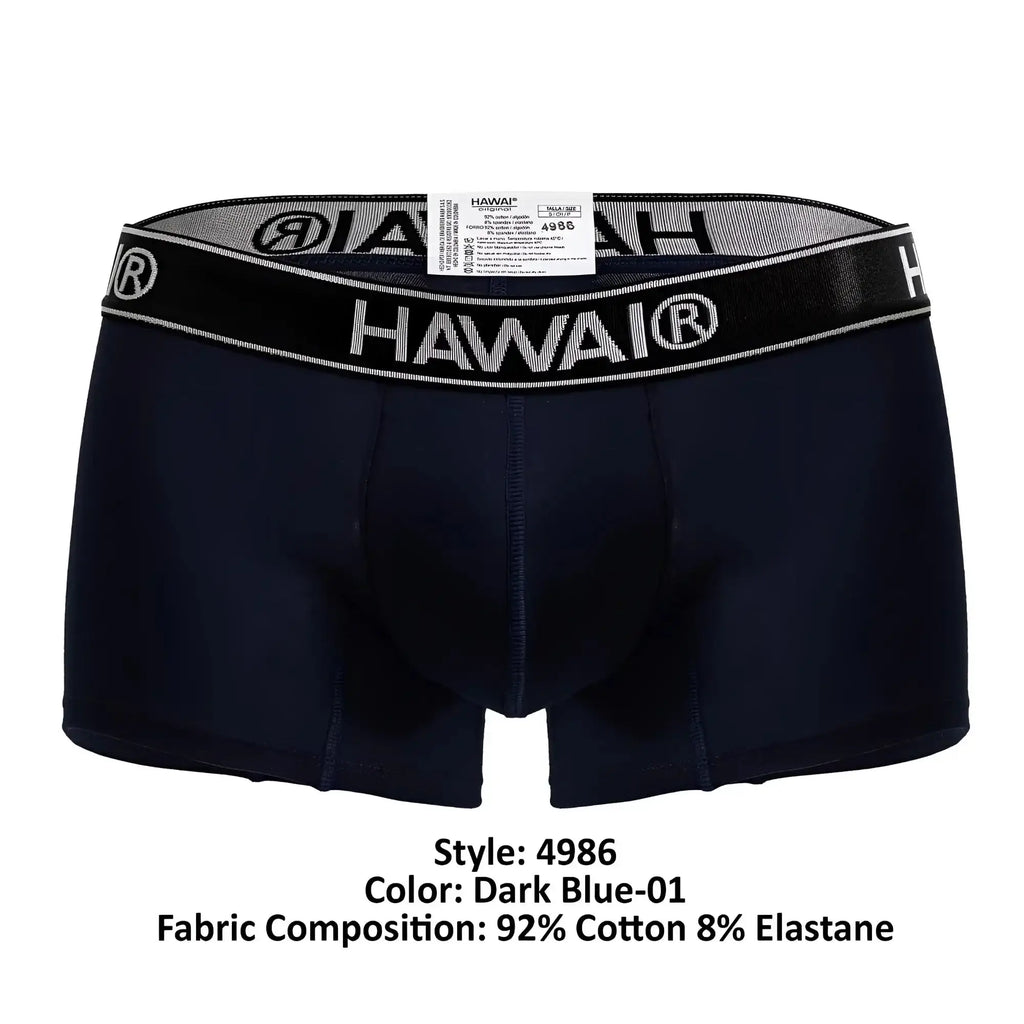 Dark blue hawai boxer briefs with black waistband white logo cotton blend trunks for everyday comfort and support