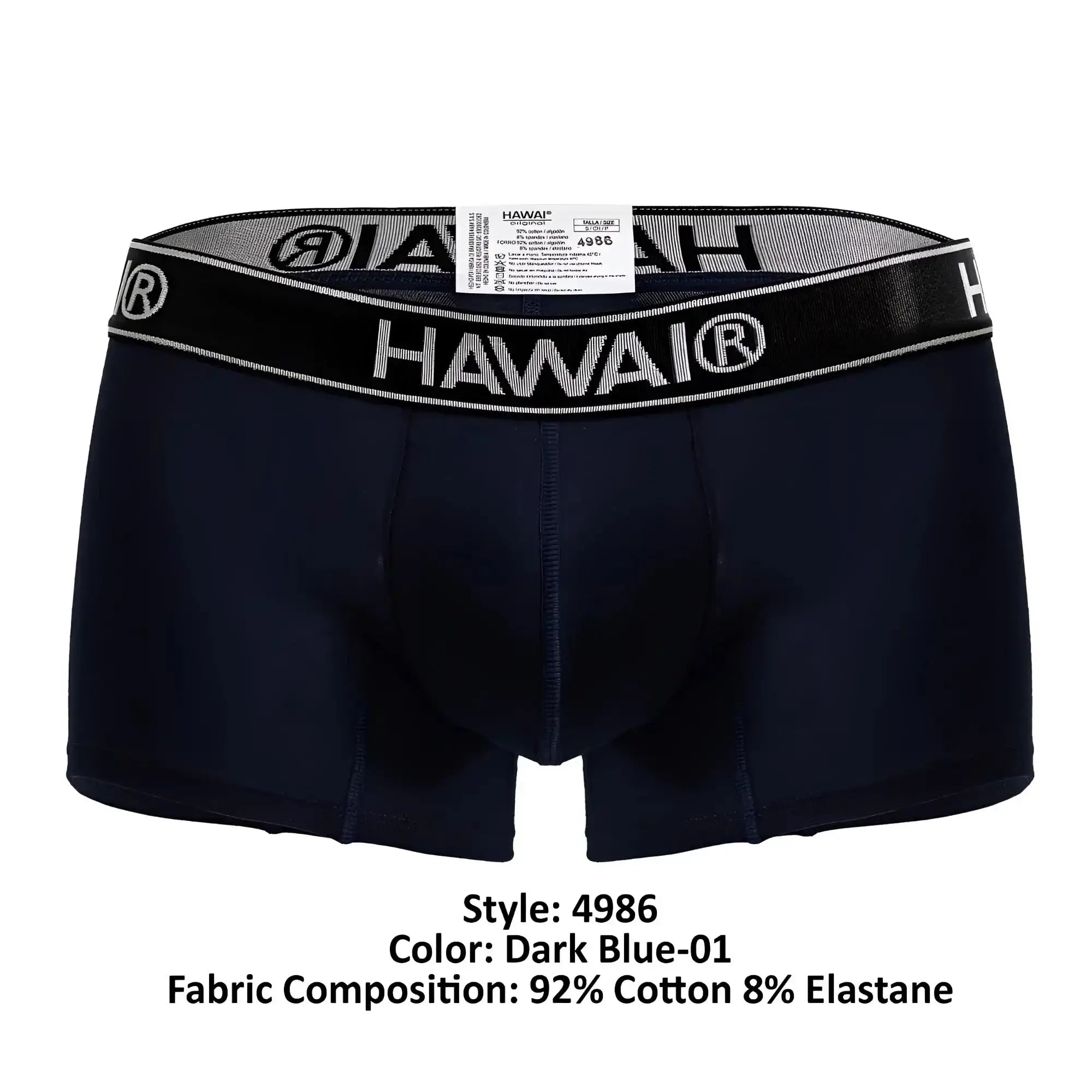 Dark blue hawai boxer briefs with black waistband white logo cotton blend trunks for everyday comfort and support