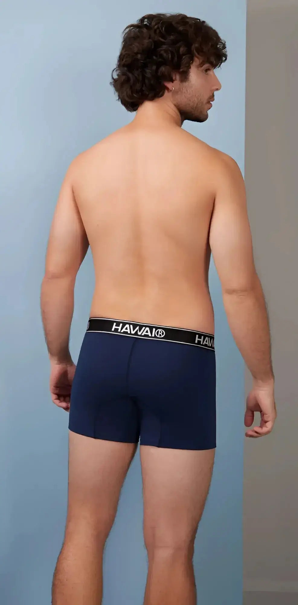 Navy blue havai cotton blend boxer briefs with black waistband and white lettering from hawair 4986 trunks collection