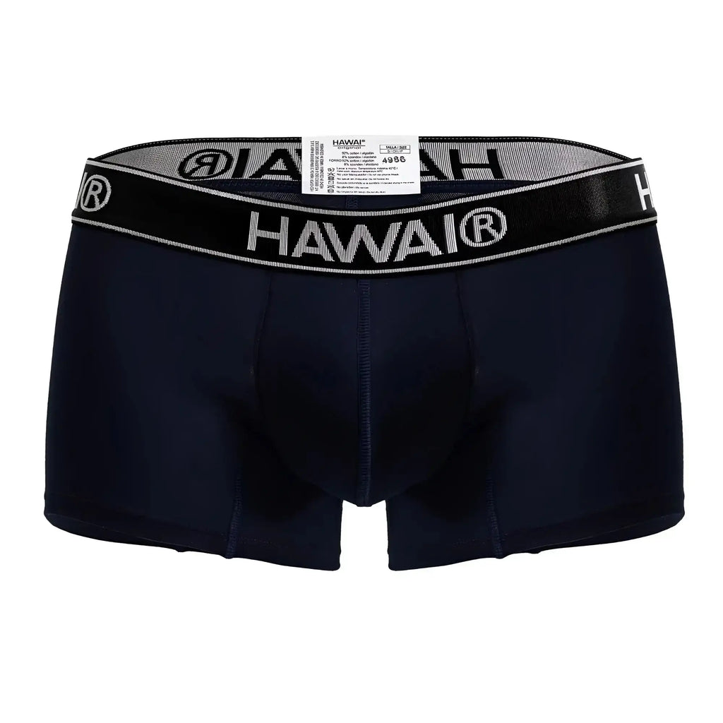 Black hawai brand men’s dark blue cotton blend boxer briefs with gray and black waistband featuring bold white logo