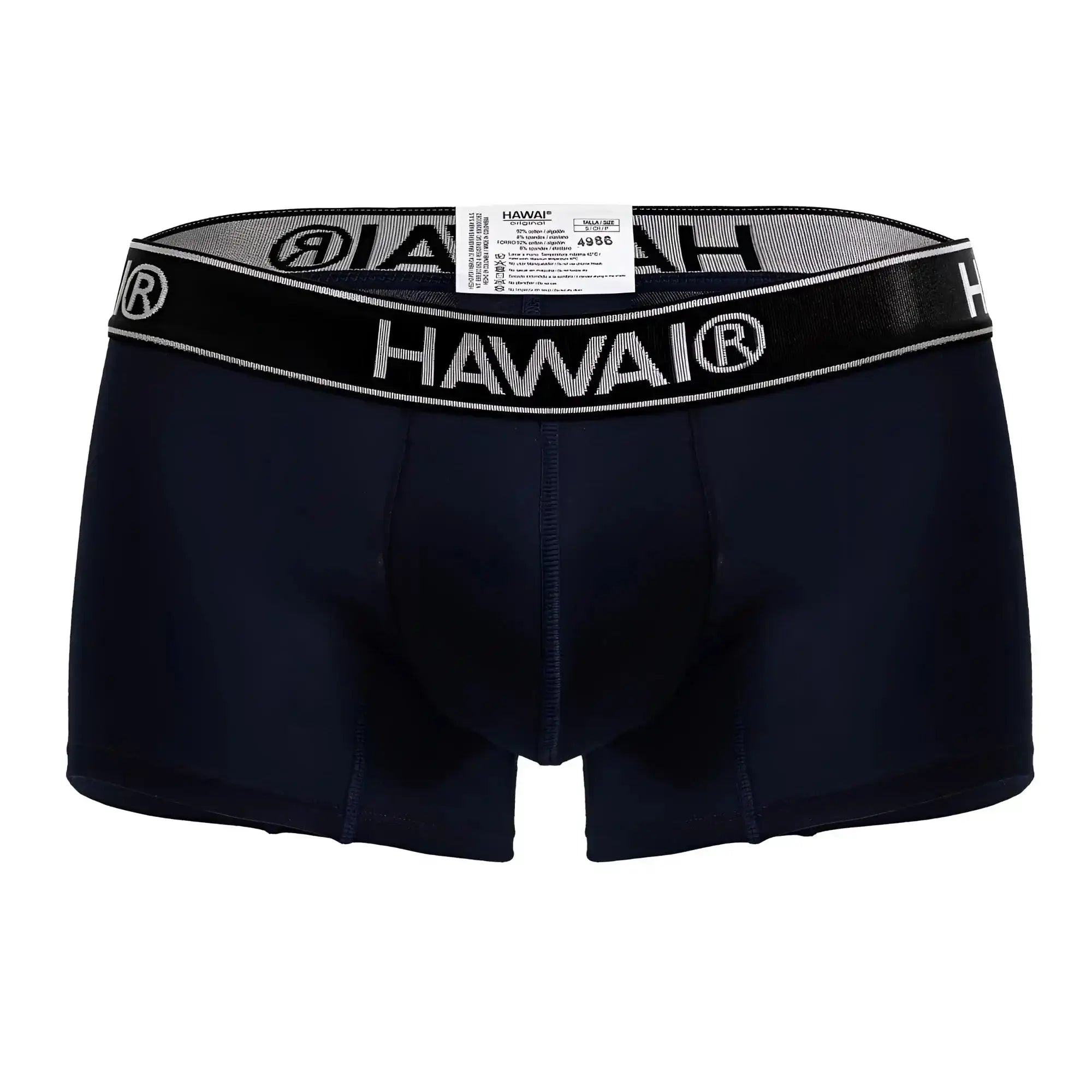 Black hawai brand men’s dark blue cotton blend boxer briefs with gray and black waistband featuring bold white logo