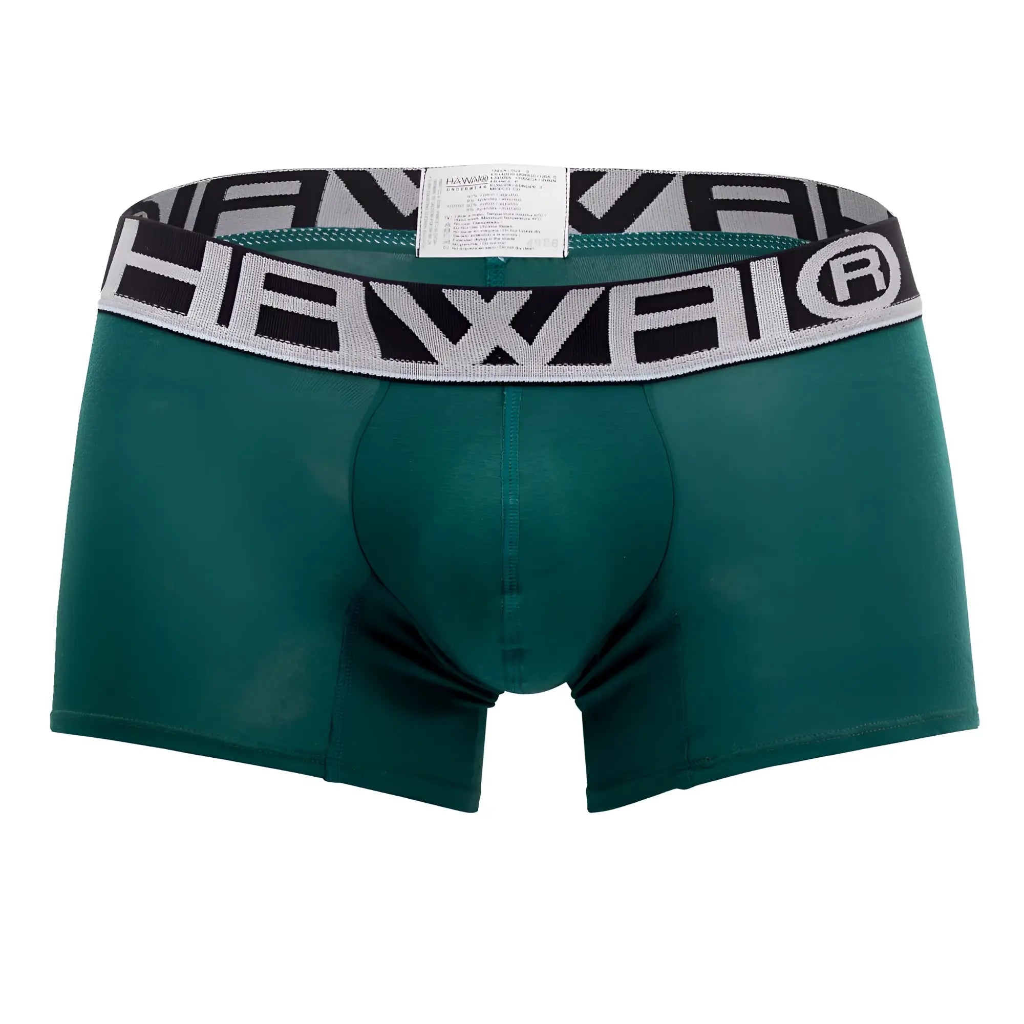 Dark green HAWAI 4986 solid athletic trunks boxer briefs with black gray waistband and bold white Hawai logo