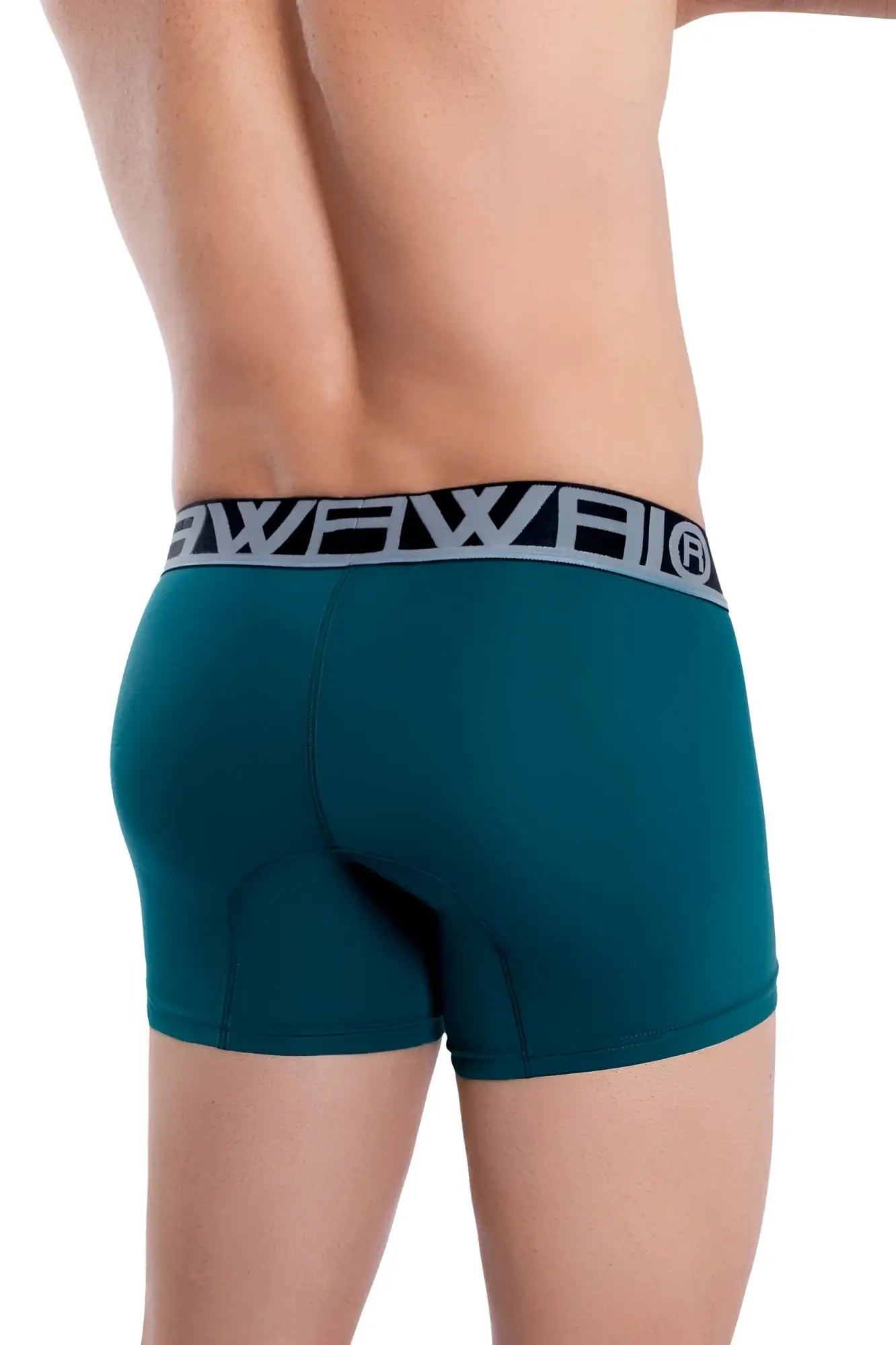 Teal solid athletic boxer briefs with a black and white wewai logo waistband for comfortable active wear