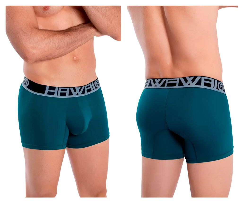Teal men’s boxer briefs with black and gray elastic waistband featuring hawai brand logo in solid athletic trunks style
