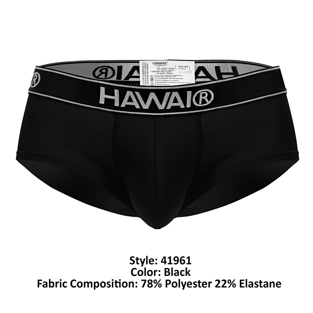 Black hawai microfiber briefs in black with a gray and white logo waistband for comfortable everyday wear