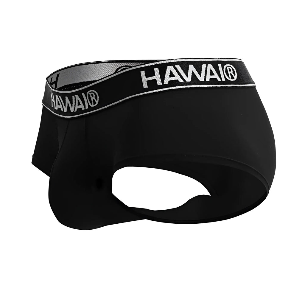 Black hawai branded hawair 41961 microfiber briefs in black with a gray and white elastic waistband