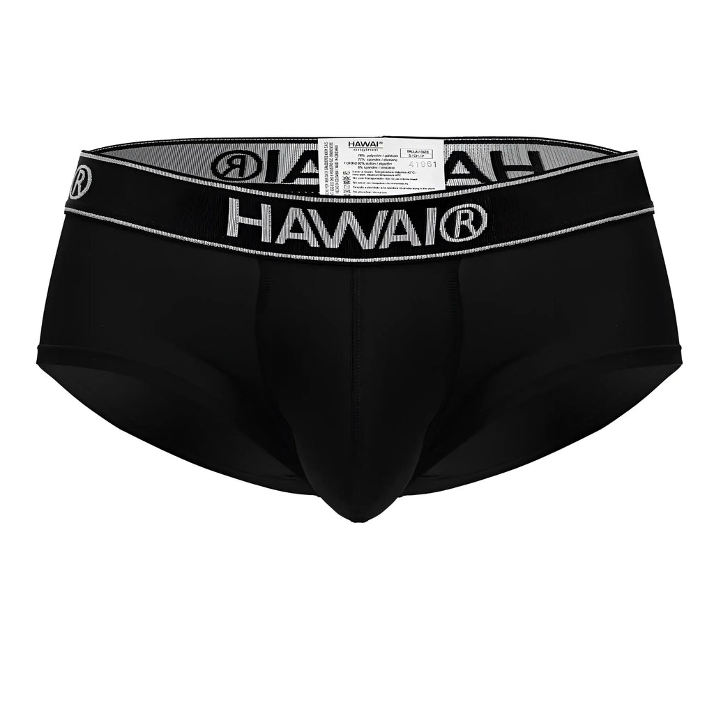 Black hawai men’s microfiber briefs in black with a gray waistband featuring bold white brand name lettering