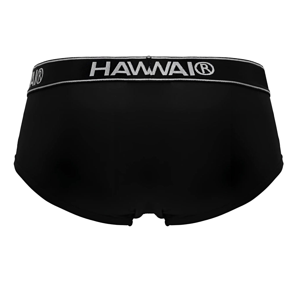 Black hawai men’s microfiber briefs in black with a silver embroidered waistband for comfortable support