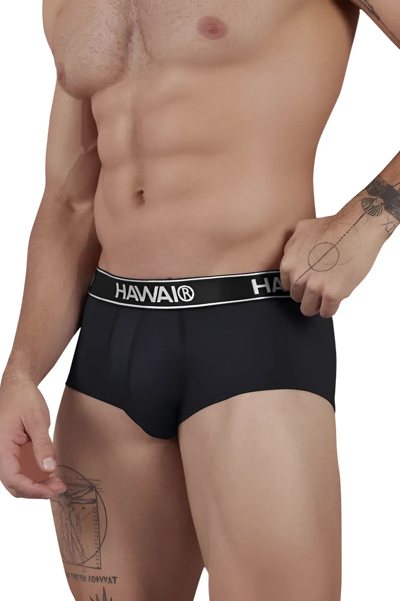 Black hawai men’s microfiber briefs in black with a white elastic waistband featuring the brand logo