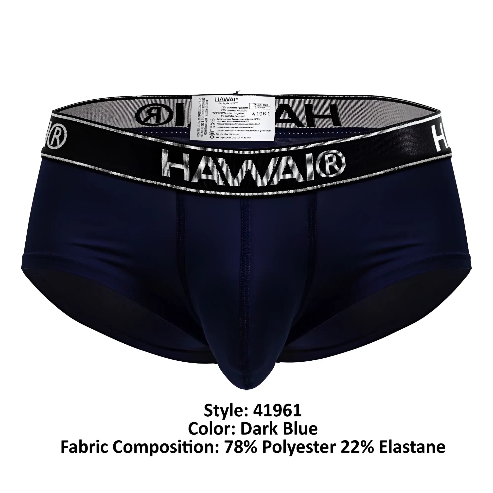 Dark blue hawaiian microfiber men’s briefs with black elastic waistband featuring white lettering and logo