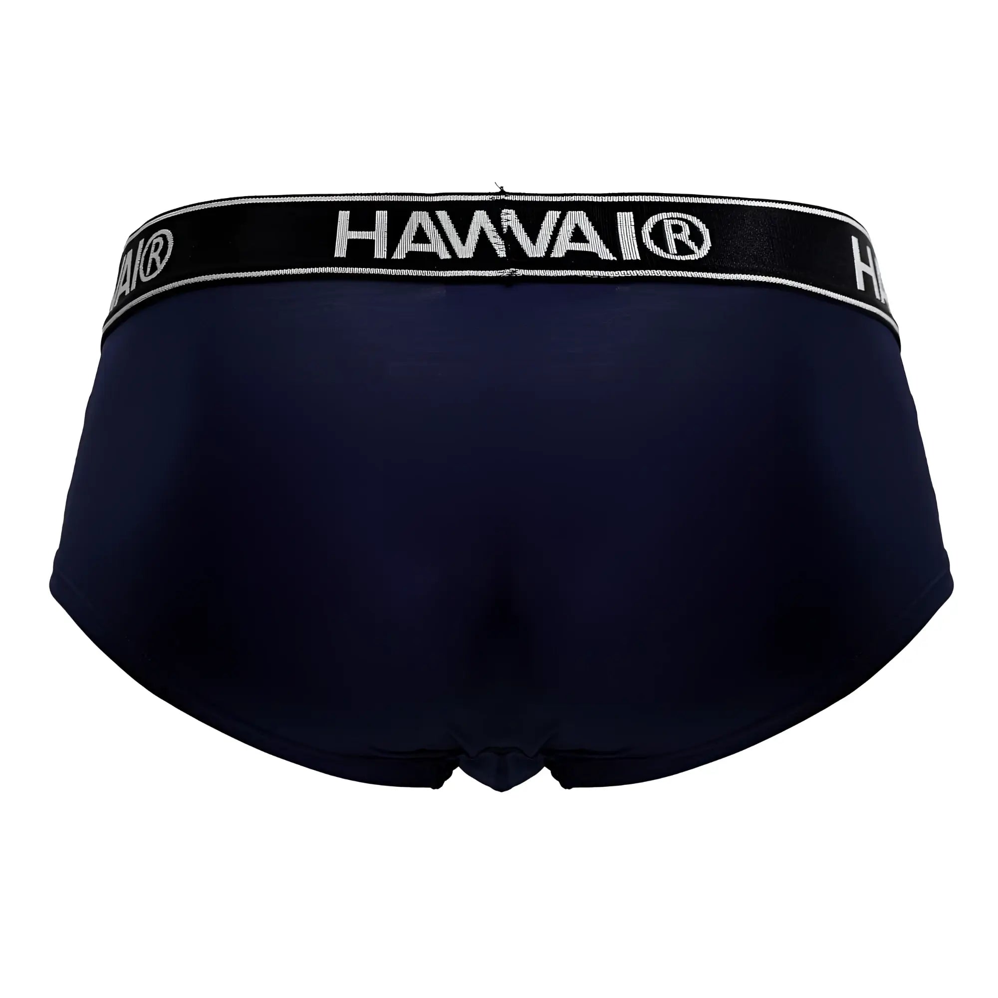 Navy blue hawai® microfiber briefs with black elastic waistband and white embroidered lettering hawait 41961