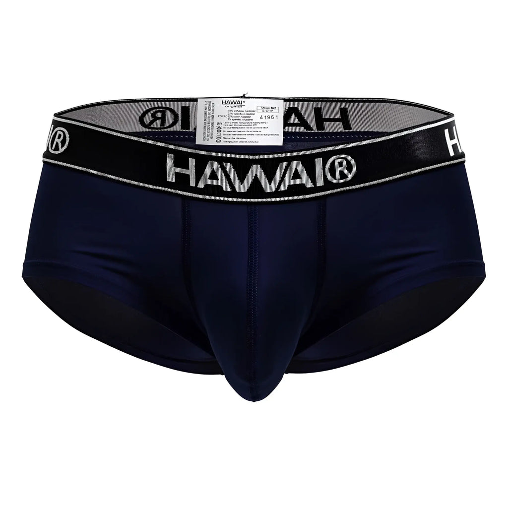 Navy blue hawai men’s microfiber briefs with black elastic waistband featuring white lettering and trim in hawair 41961 model