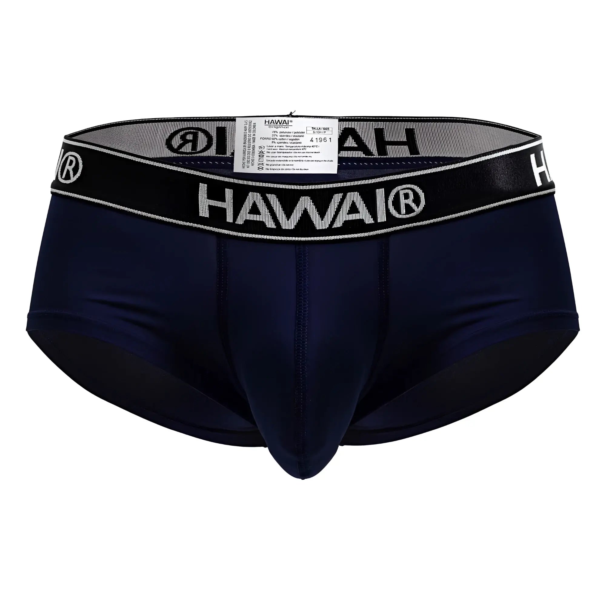 Navy blue hawai men’s microfiber briefs with black elastic waistband featuring white lettering and trim in hawair 41961 model