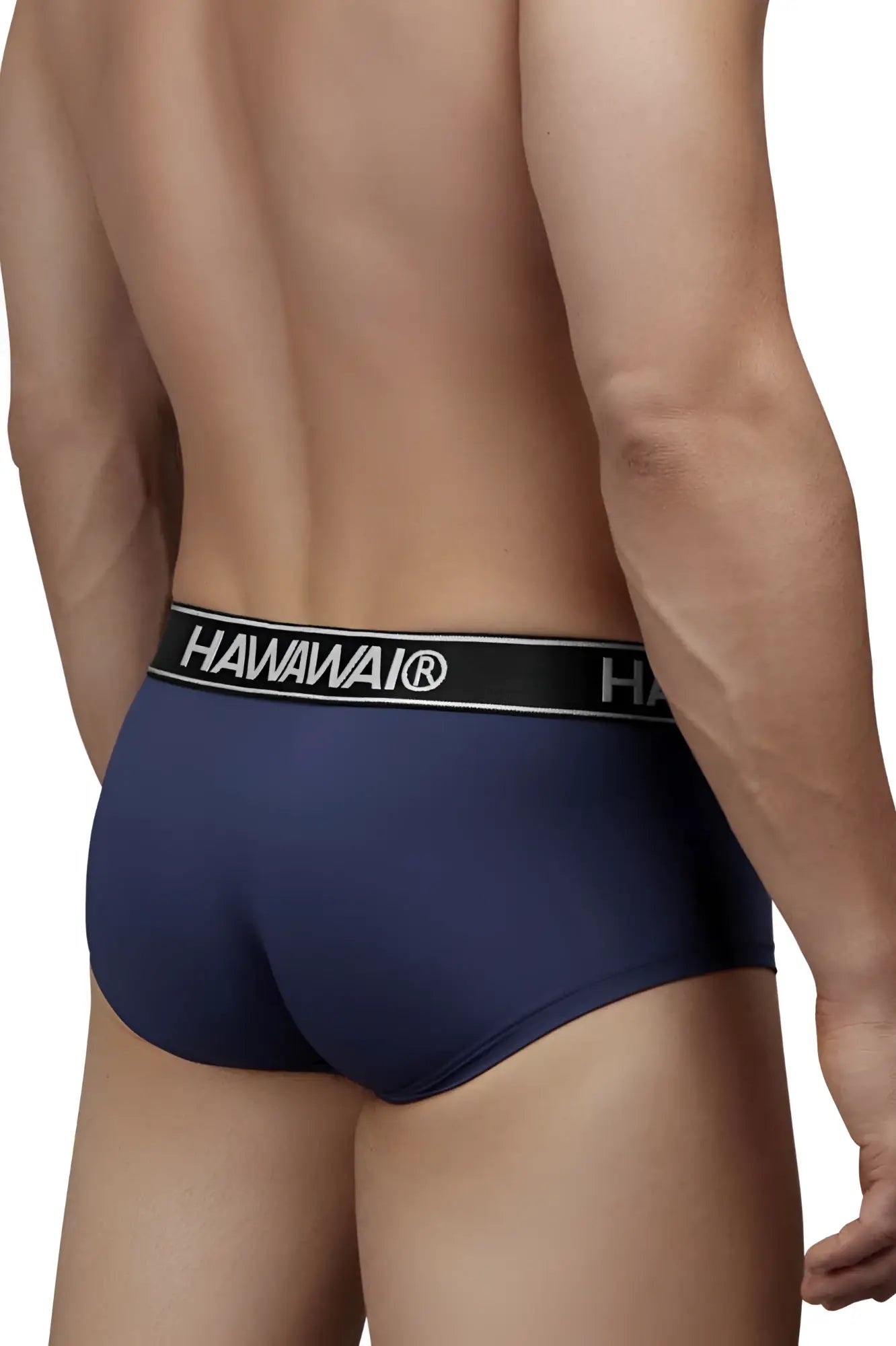 Navy blue hawaian microfiber briefs with a black waistband featuring white hawaian lettering and logo