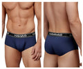 Navy blue hawaiian brand microfiber briefs with black elastic waistband and white lettering model hawair 41961