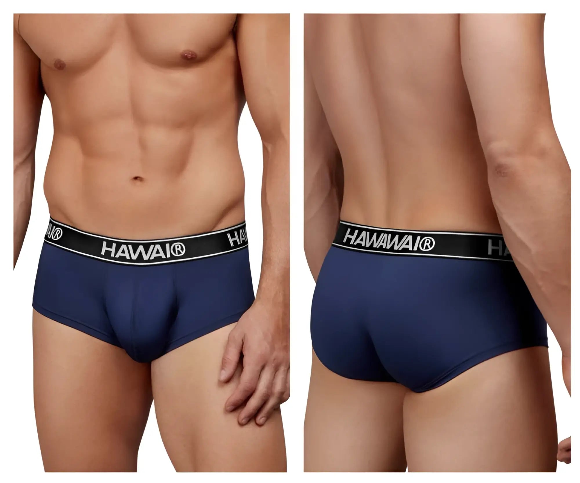 Navy blue hawaiian brand microfiber briefs with black elastic waistband and white lettering model hawair 41961