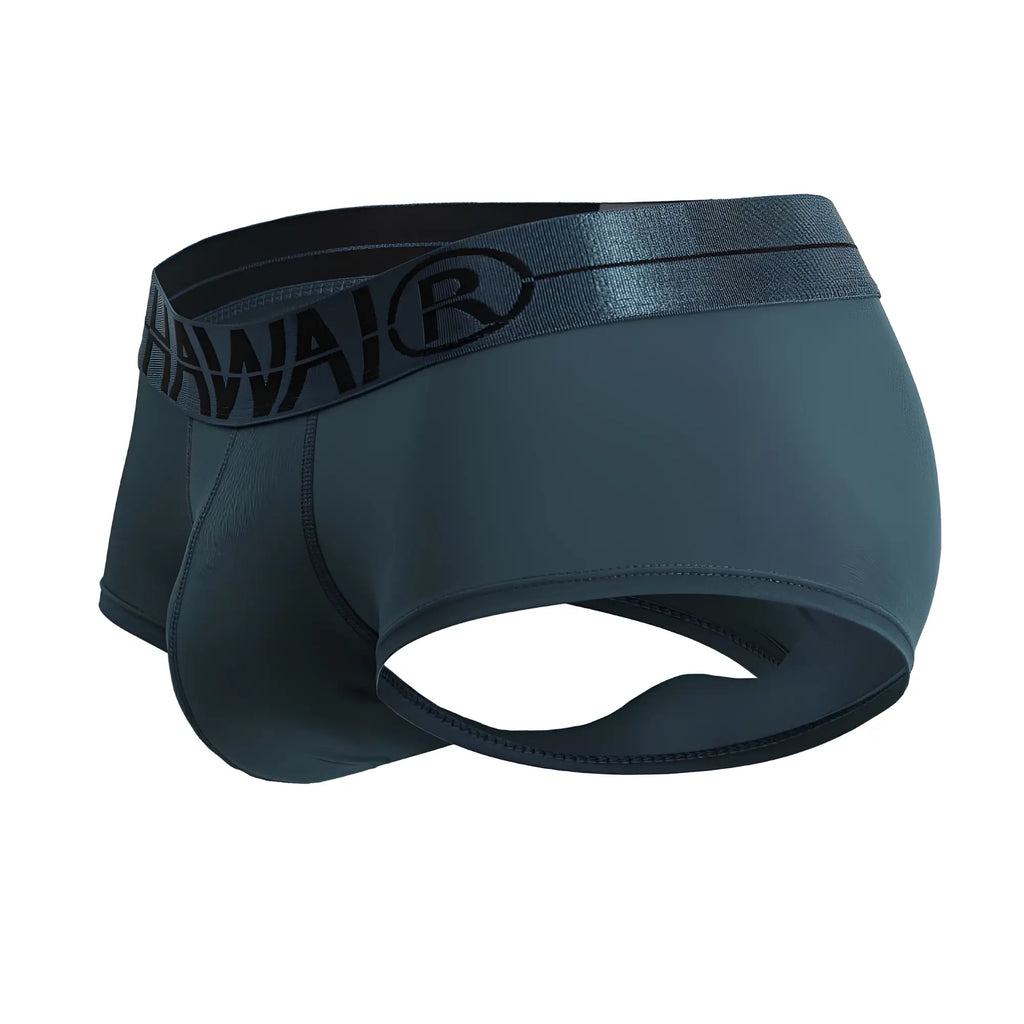 Dark gray hawai® men’s microfiber briefs with black elastic waistband featuring the brand logo in green color