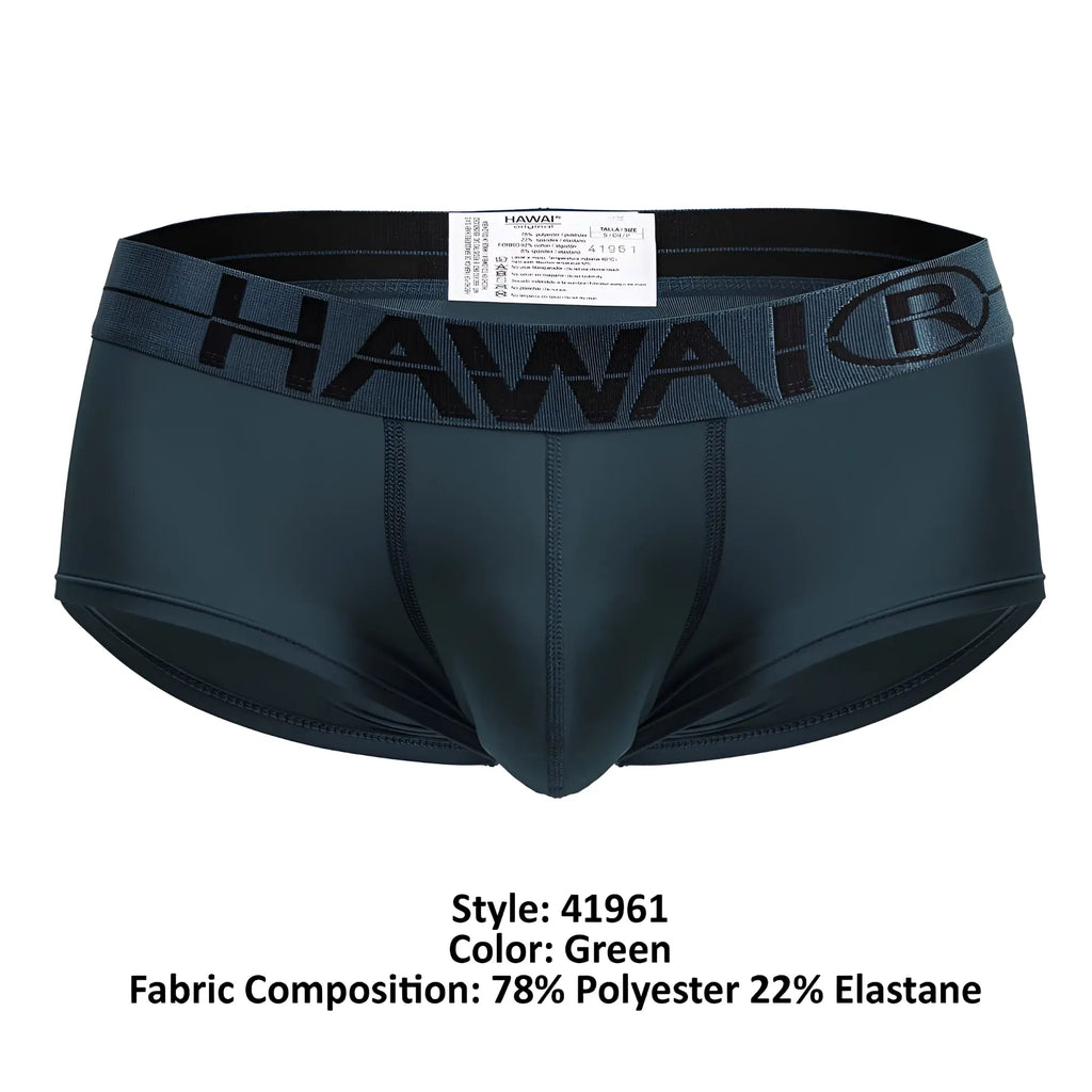 Dark green Hawaii brand microfiber briefs with black elastic waistband featuring brand name and logo