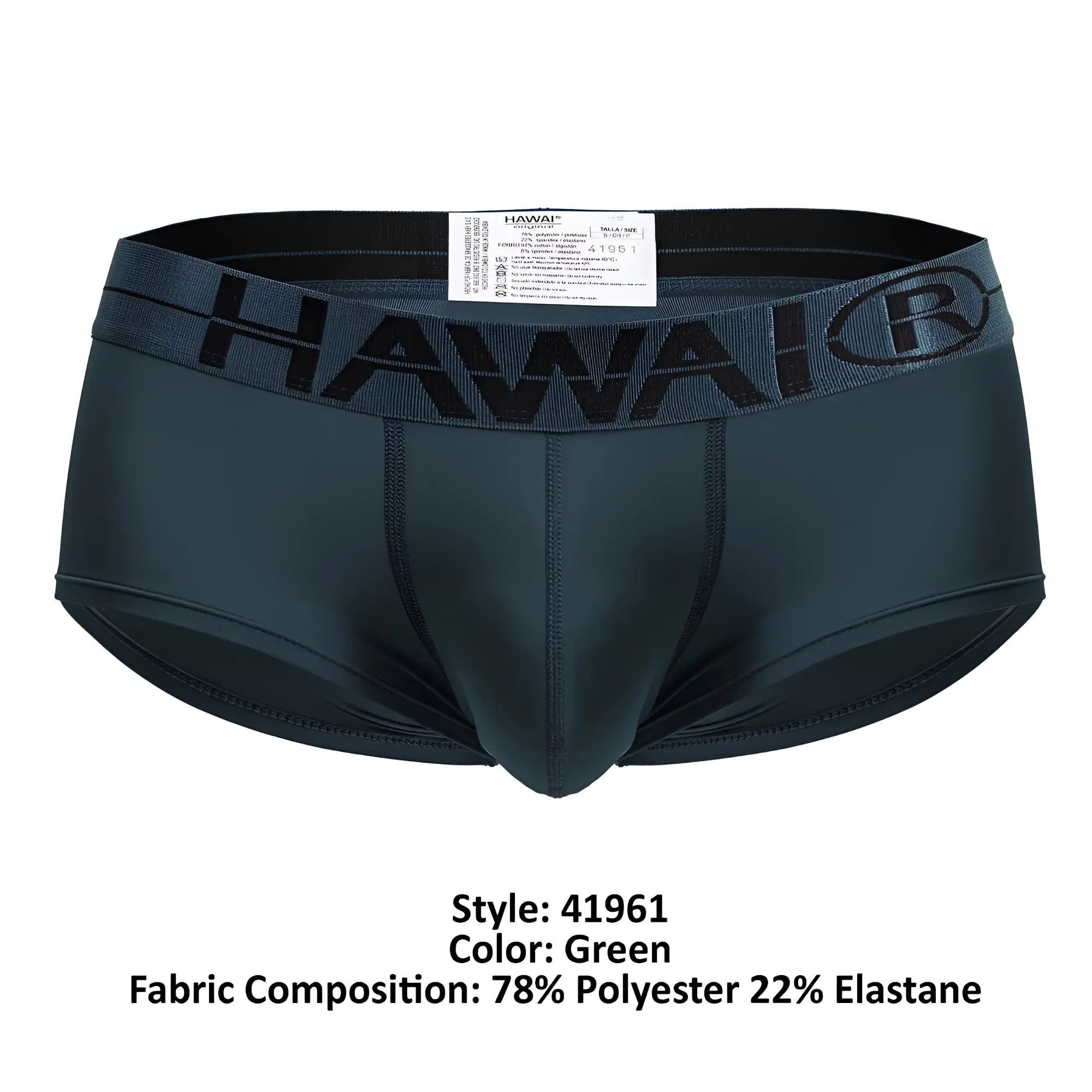 Dark green Hawaii brand microfiber briefs with black elastic waistband featuring brand name and logo