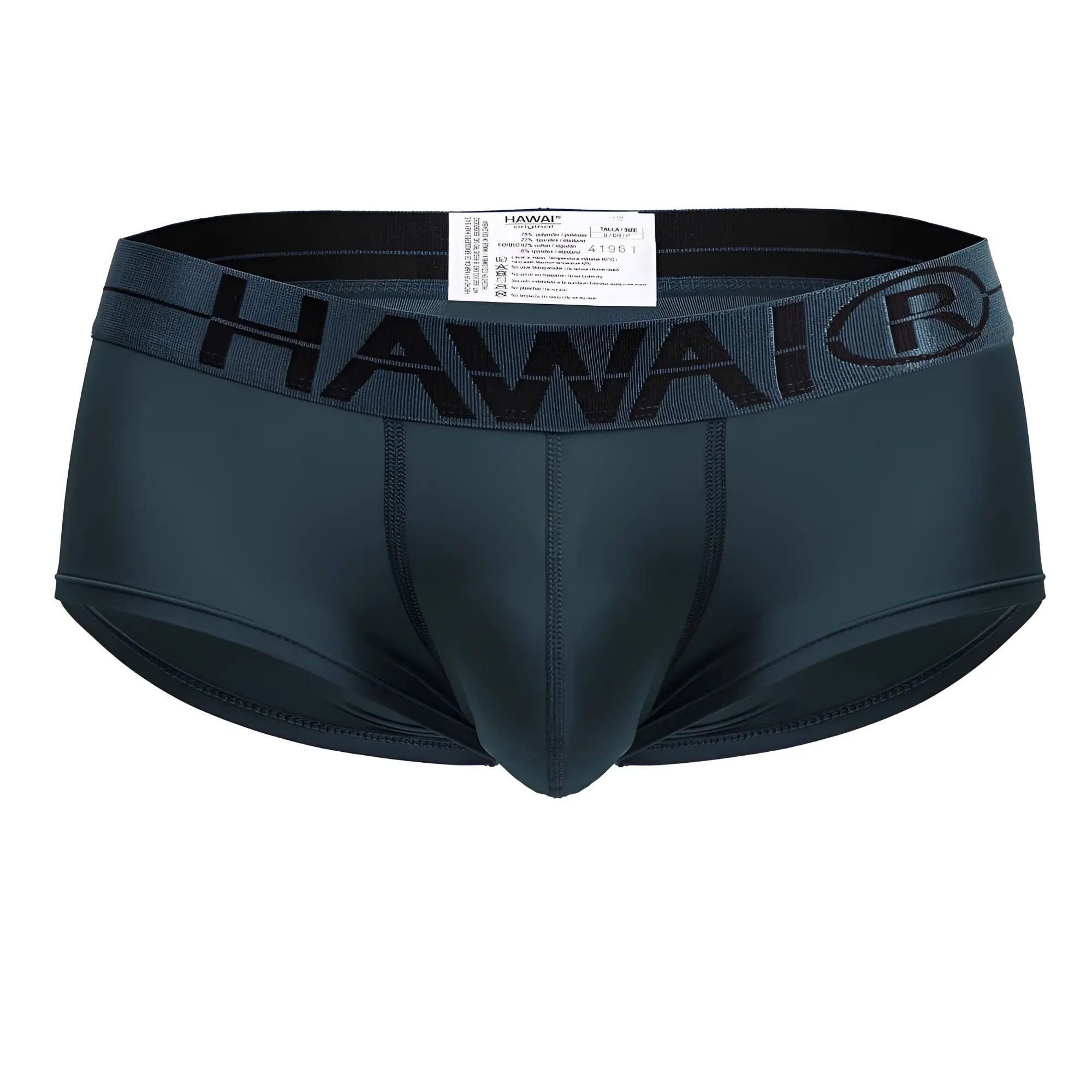 Dark teal hawaii men’s microfiber briefs with black elastic waistband featuring the brand logo in green color