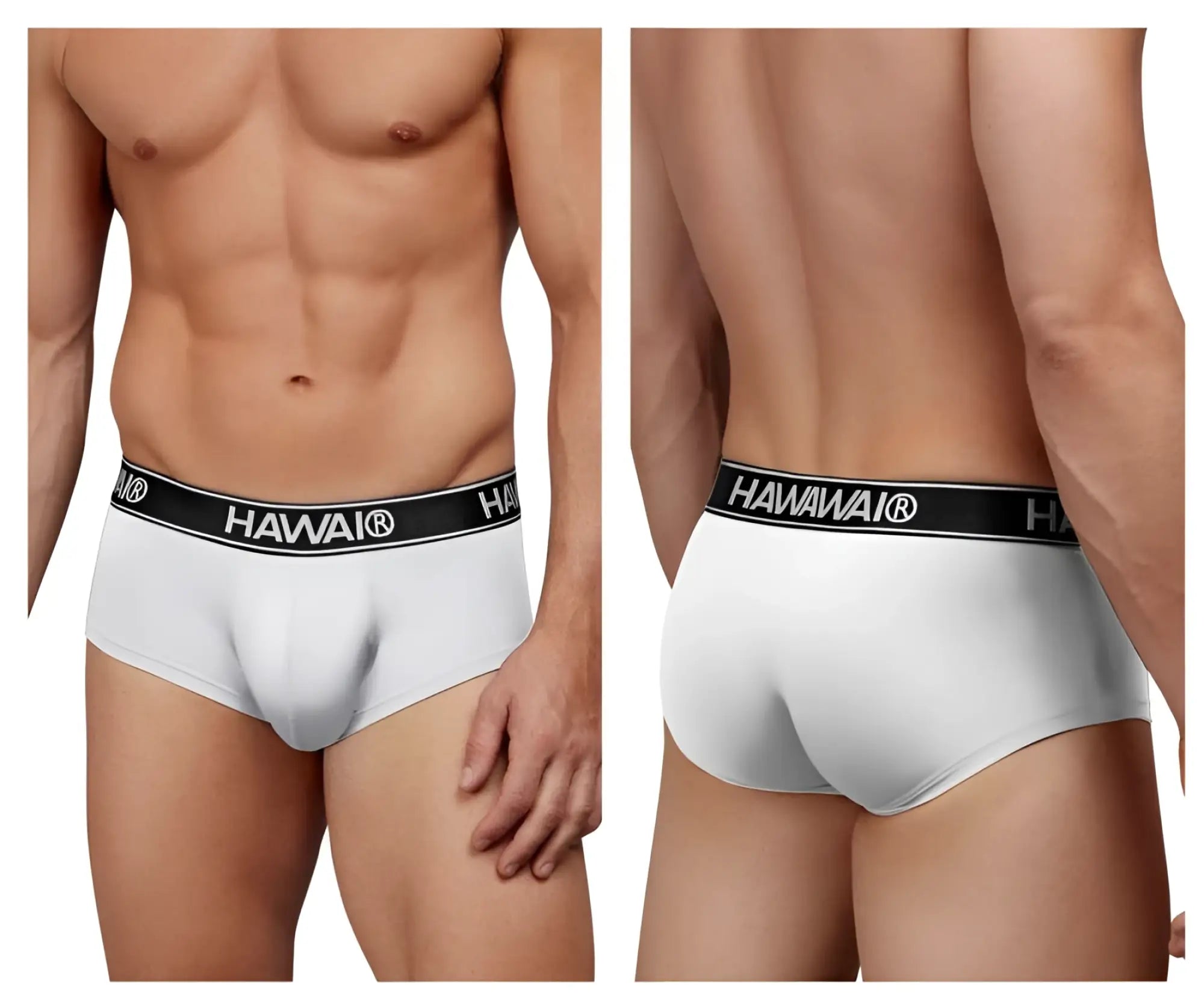 White havaianas microfiber men’s briefs with black elastic waistband and white brand name lettering hawair 41961