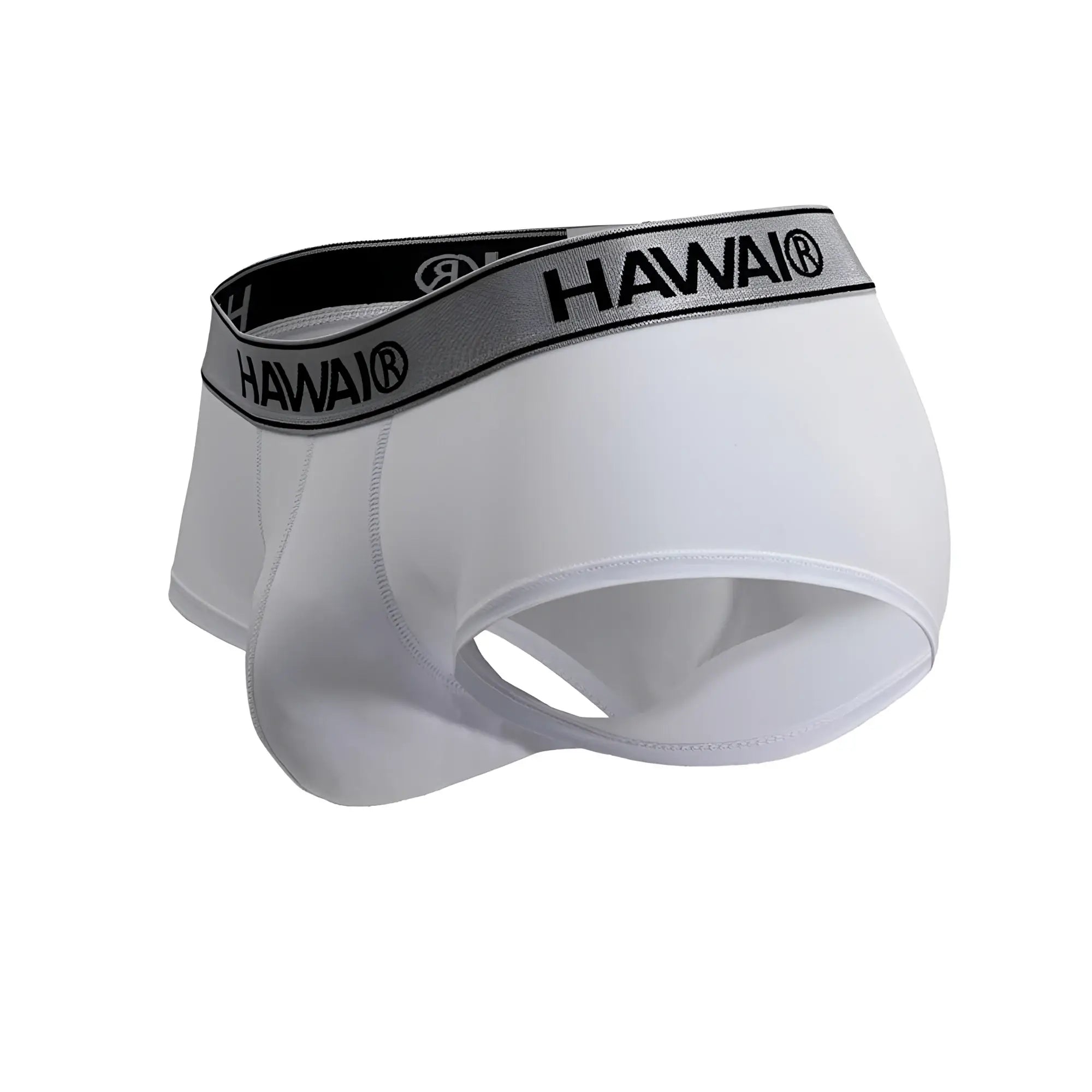 White hawai microfiber briefs in white with black and gray elastic waistband featuring the brand logo