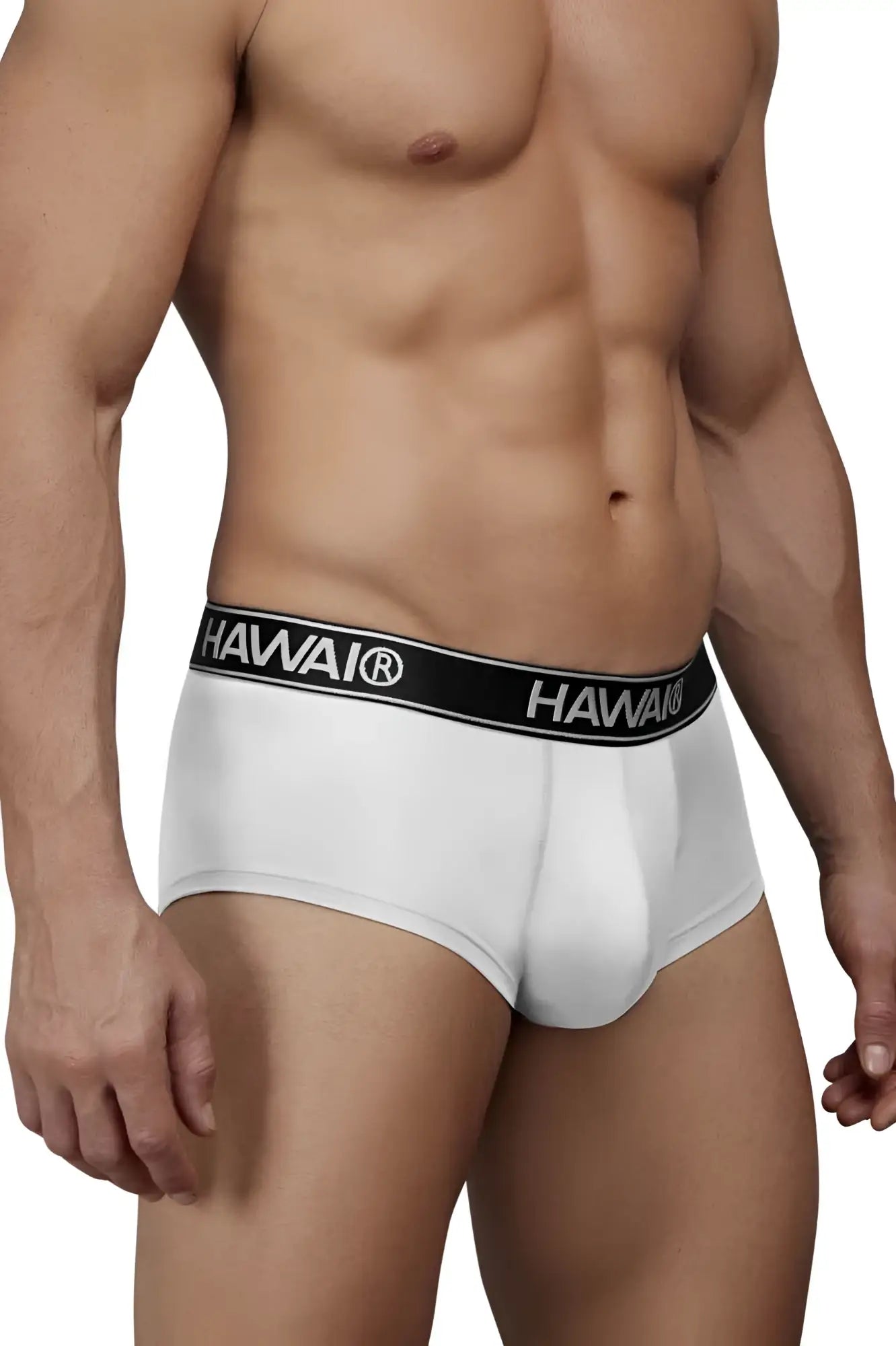 White hawai men’s microfiber briefs with black elastic waistband featuring brand name in white lettering color white