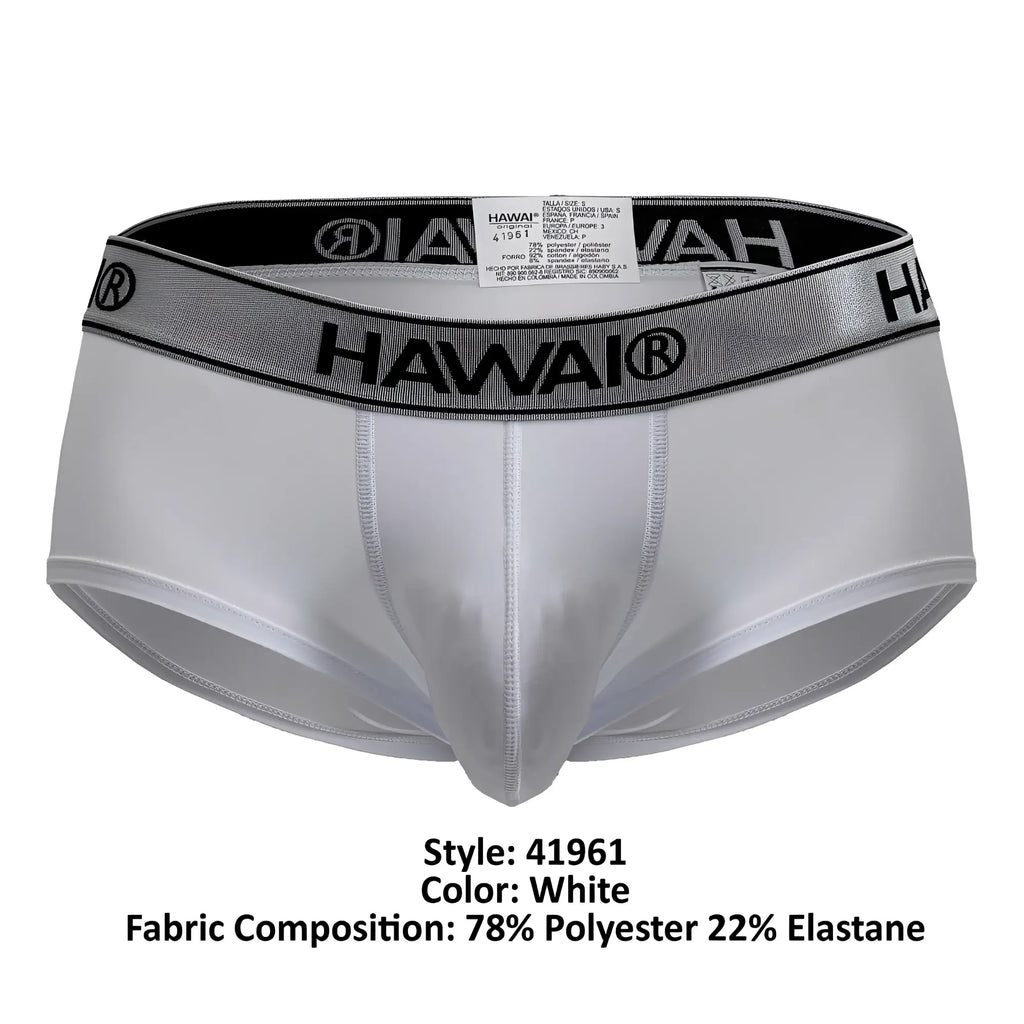 White hawai men’s microfiber briefs with silver elastic waistband featuring black lettering and logo in white color