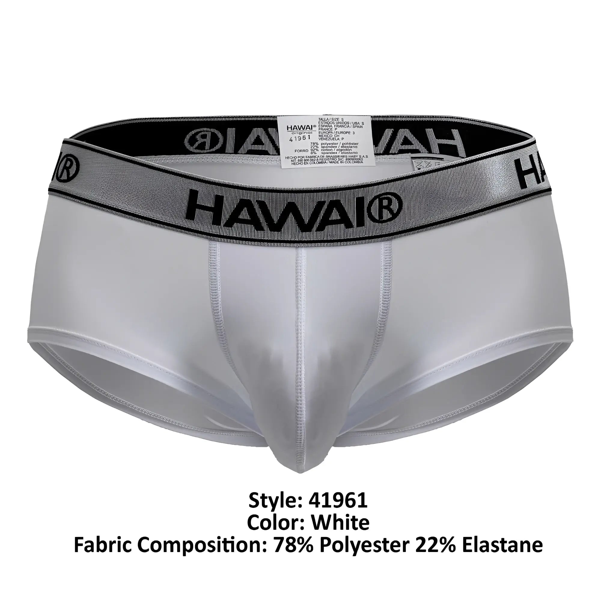 White hawai men’s microfiber briefs with silver elastic waistband featuring black lettering and logo in white color