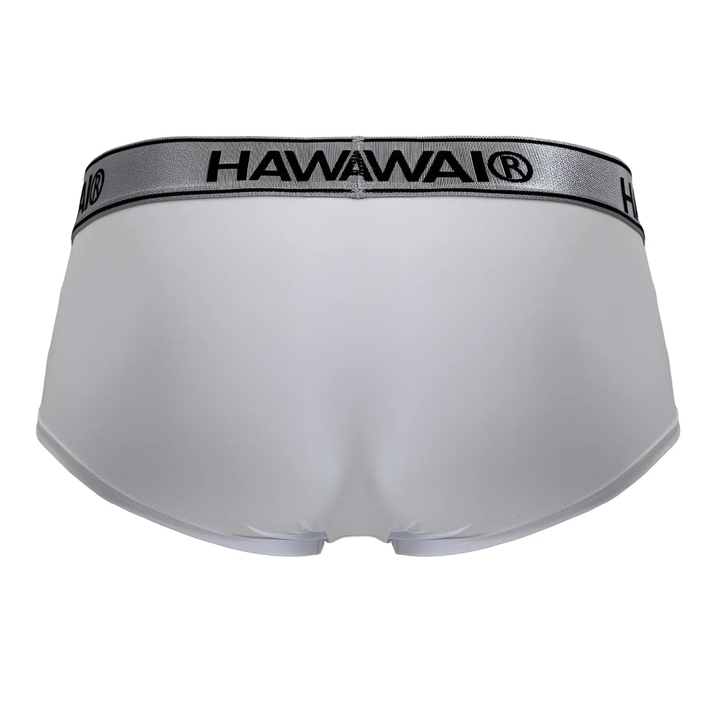 White hawaii microfiber briefs with a silver waistband featuring black lettering in the front view