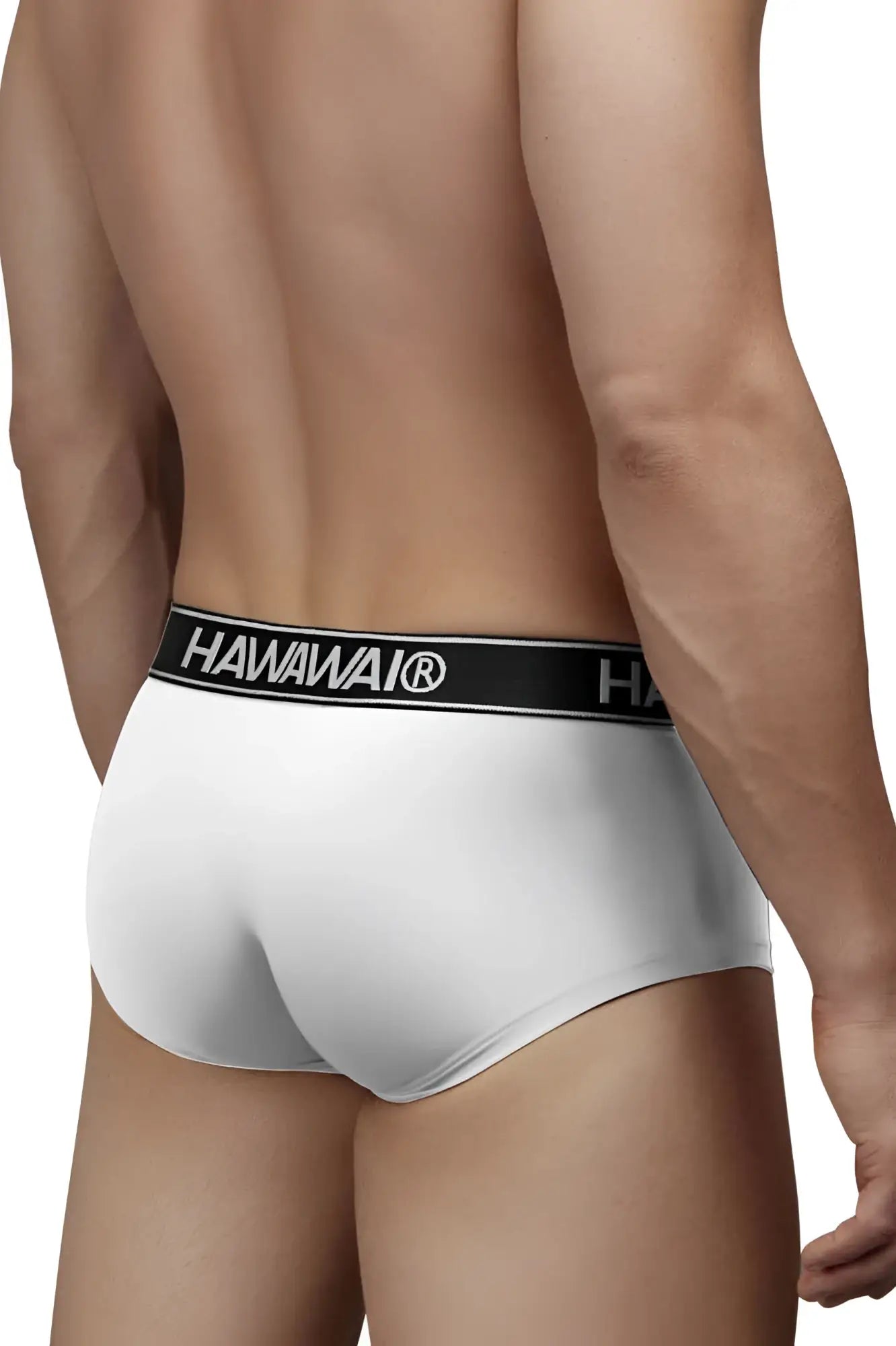 White hawaiian hawair 41961 microfiber briefs in white with black elastic waistband featuring brand name in white