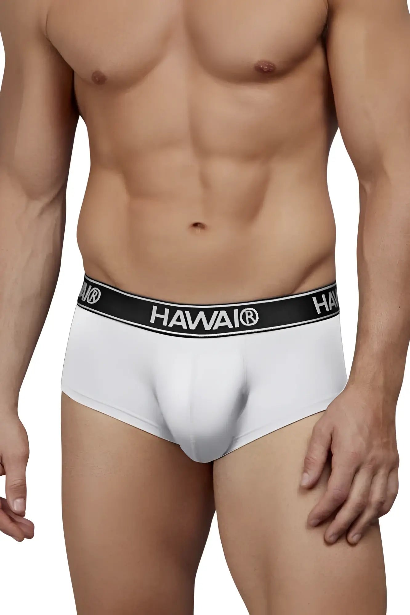 White microfiber briefs for men with a black waistband featuring the hawaii brand name in white lettering