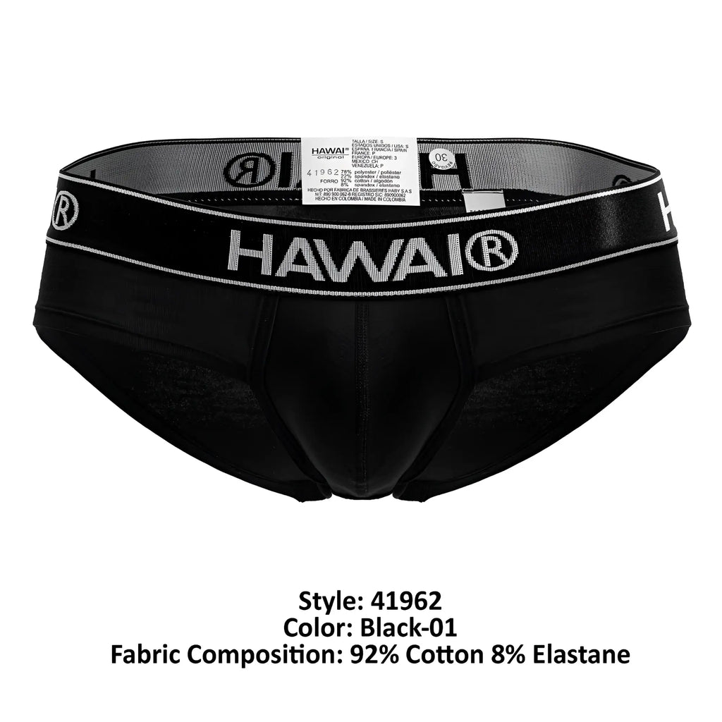 Black hawai briefs in black cotton blend with sleek form fitting design and subtle white branding on waistband